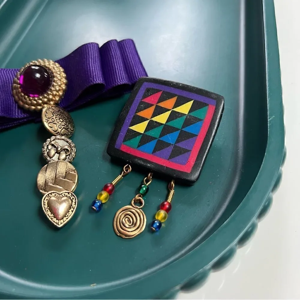 Quirky Artsy Vintage Handmade One of a Kind 1990s 2 Piece Dangly Brooches Lot
